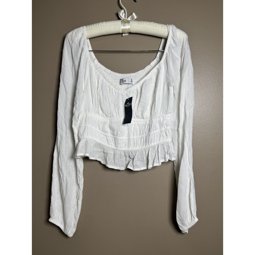 NWT Hollister Blouse Juniors S White Smocked Puff Long Sleeve Ruffle Crop Top